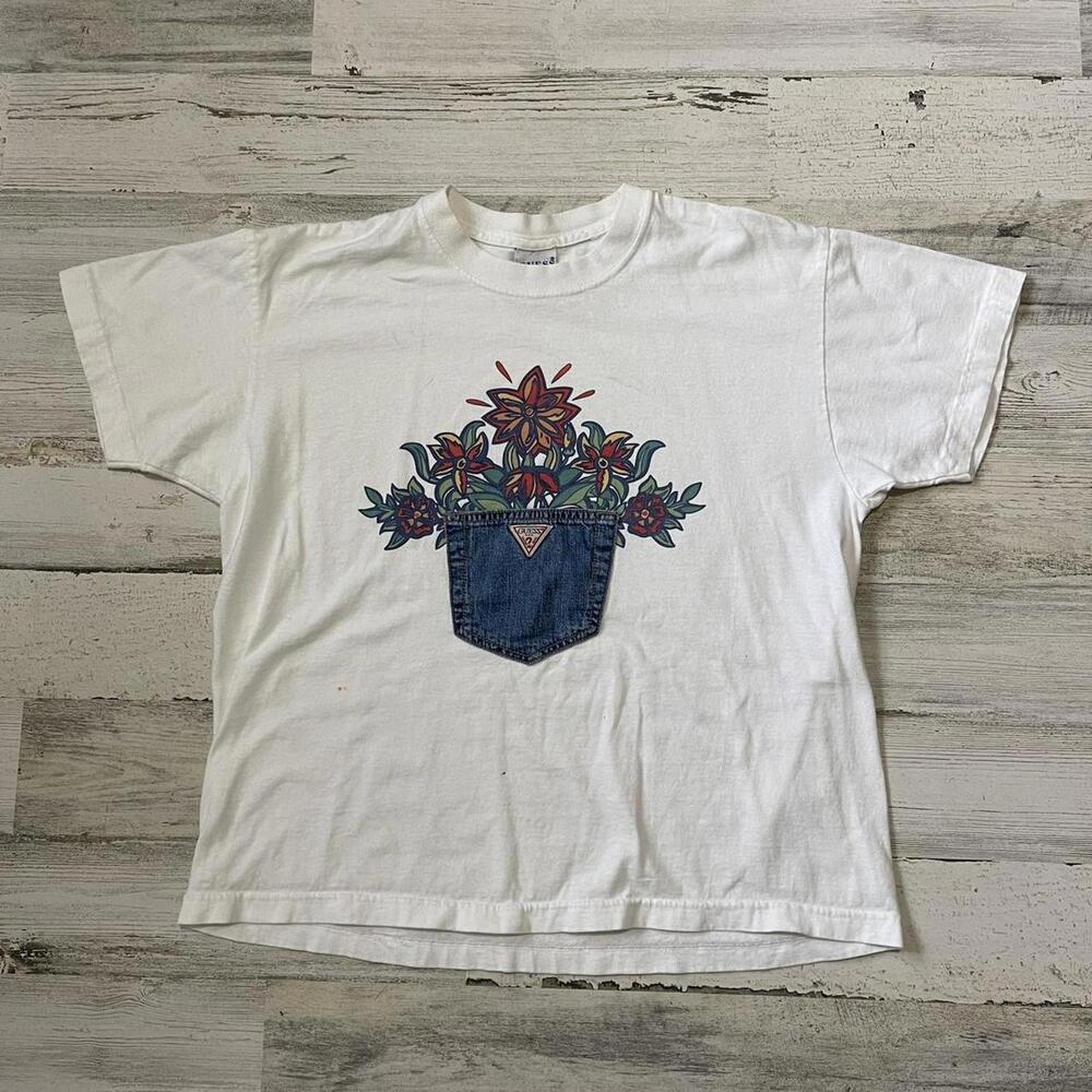 Vintage Women’s Floral Flower Pot Guess Cropped T-Shirt Sz 3